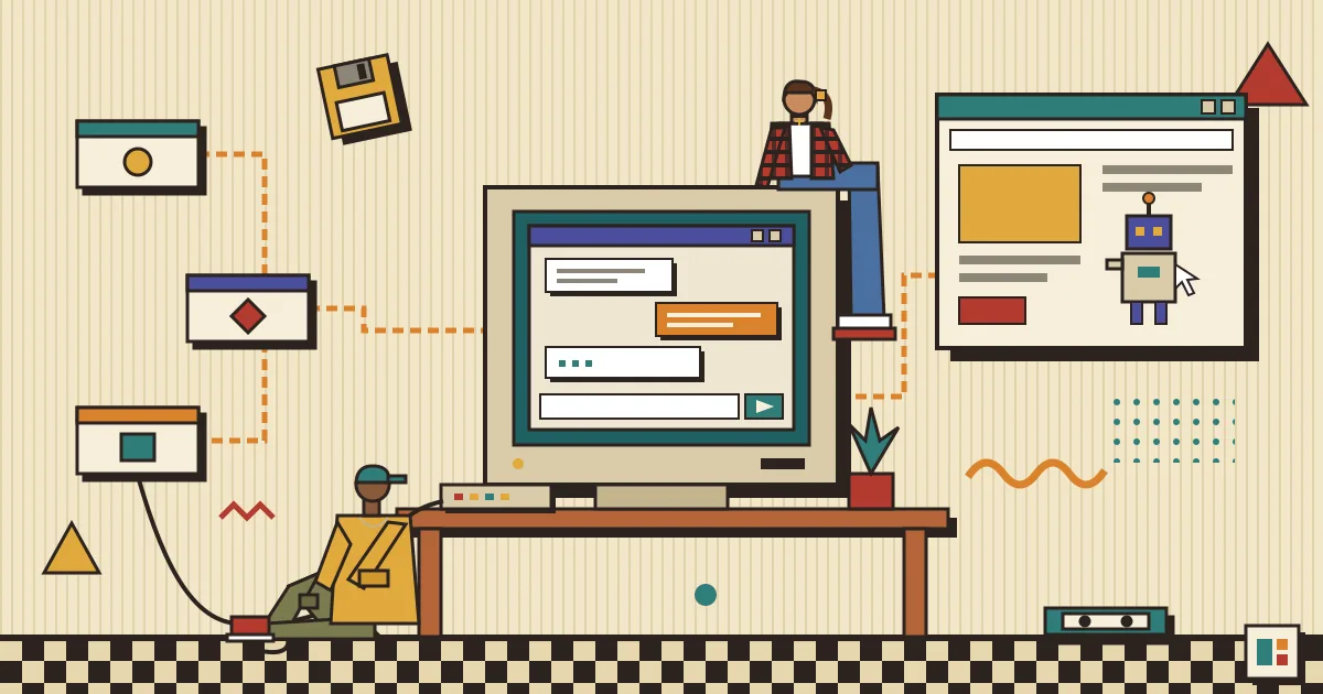 A flat-style illustration of a friendly chat window on a laptop screen connected by glowing lines to automation workflow nodes and a small robot navigating a