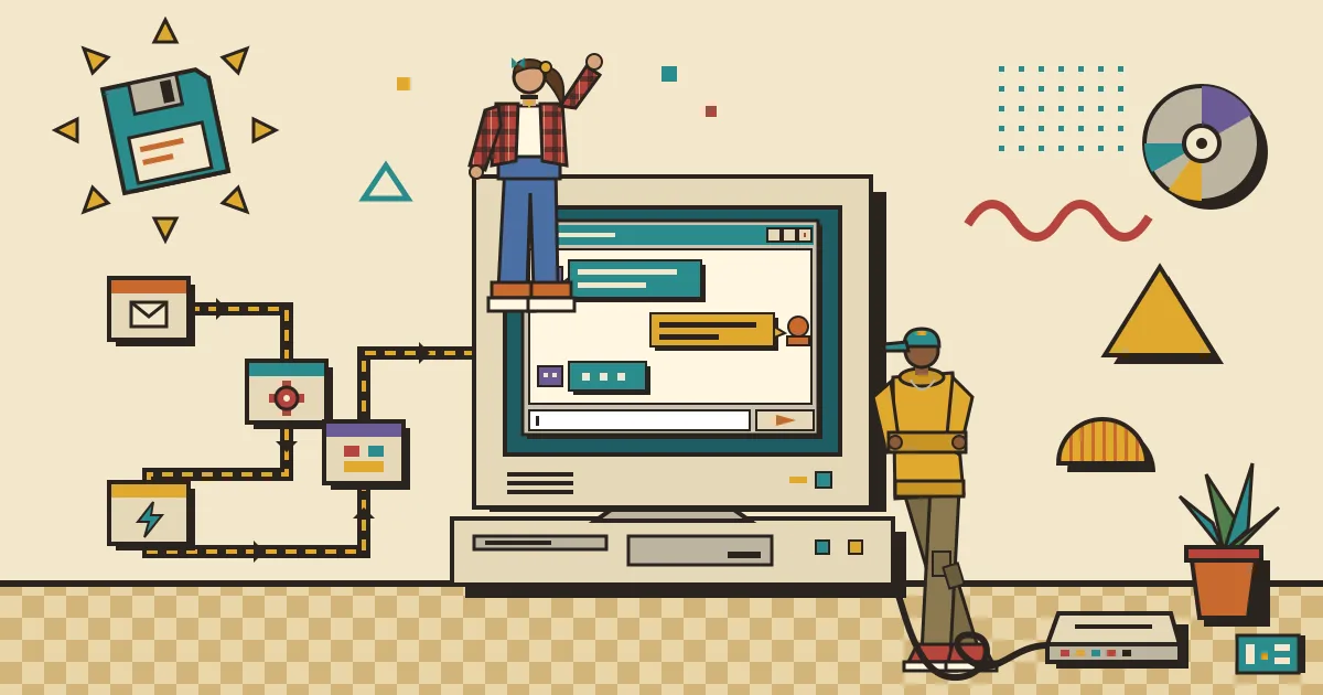 A flat-style illustration of an automation workflow of connected nodes flowing into a sleek, friendly chat window where a person and an AI assistant exchange