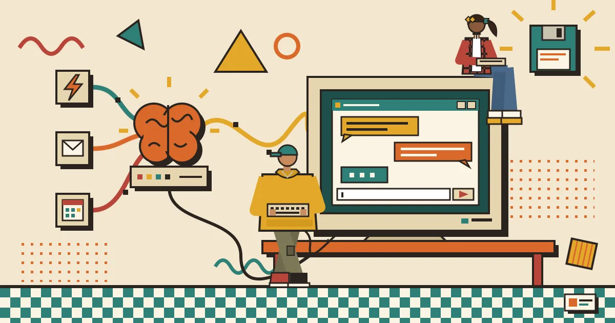 A flat illustration of a glowing AI brain connected by flowing lines to app icons on one side and to a friendly chat bubble window on the other, where several
