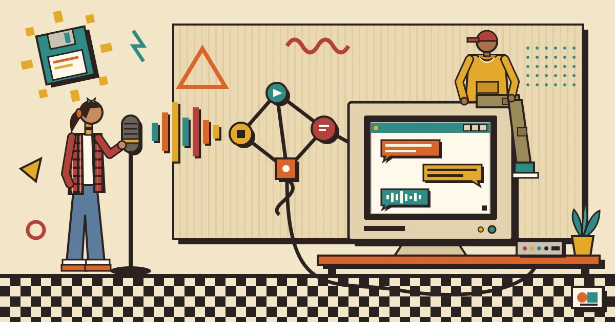 A flat-style illustration of sound waves flowing from a microphone into a network of connected automation nodes, ending in a clean chat window with conversation