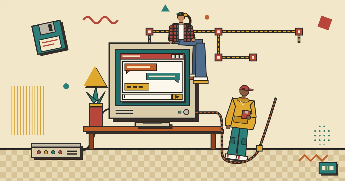 A flat, modern illustration of a friendly chat window on a laptop screen, connected by glowing lines to a network of interlocking gears and small routing nodes