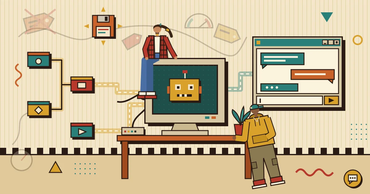 A flat-style illustration of a robot assistant connected by glowing lines to automation workflow nodes on one side and a clean chat window on the other, with a