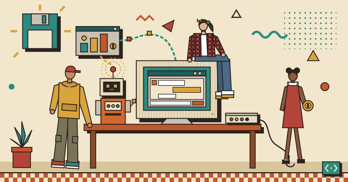 A flat-style illustration of a glowing AI agent robot connected by flowing workflow lines to a clean, friendly chat window on a laptop screen, with diverse
