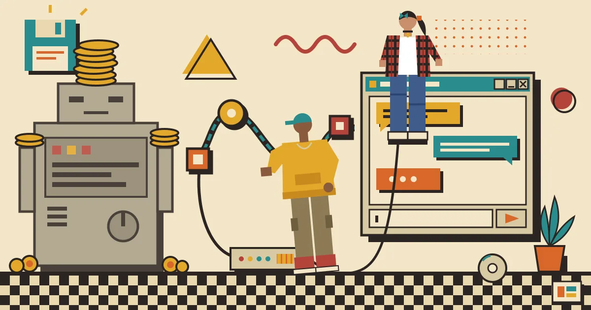A flat illustration of a lightweight automation workflow made of connected nodes flowing into a clean, friendly chat window, contrasted with a bulky, heavy