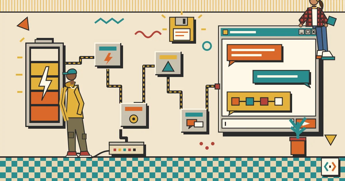 A stylized illustration of a workflow of connected nodes flowing from a glowing battery-like credit gauge on the left into a sleek chat window on the right