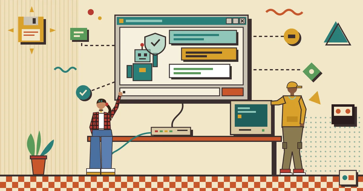 A friendly chat window floating above a clean desk, with a small robot avatar raising a transparent shield icon, surrounded by soft connecting lines linking to