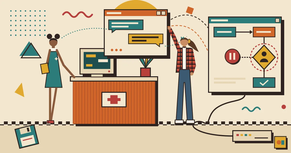 A calm clinic reception scene where a friendly chat window floats between a nurse and a patient, connected by subtle lines to a structured workflow diagram with
