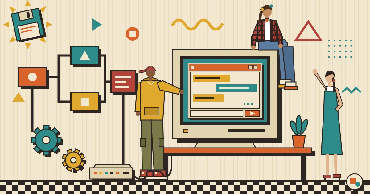 A flat-style illustration of a workflow made of connected nodes and gears on the left that flows into a sleek, friendly chat window on the right, with several