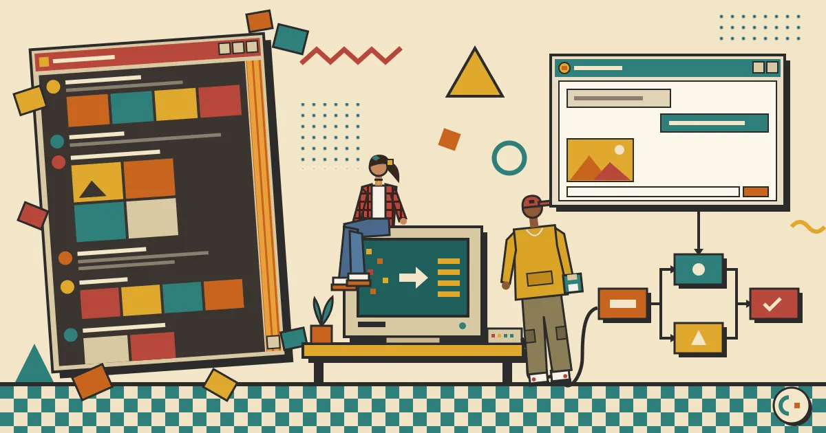 A flat illustration contrasting a chaotic, endless scrolling chat feed full of scattered image thumbnails on one side with a clean, private, branded chat window