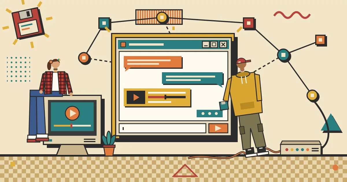 A flat illustration of a glowing chat window floating in front of a network of connected automation nodes, with a small video timeline and play button nearby