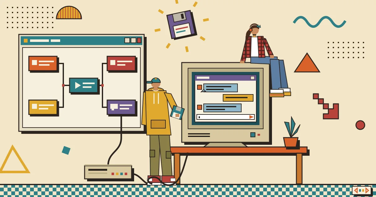 A flat-style illustration of a modular workflow diagram made of connected nodes on the left flowing into a clean, friendly chat window on the right, with a