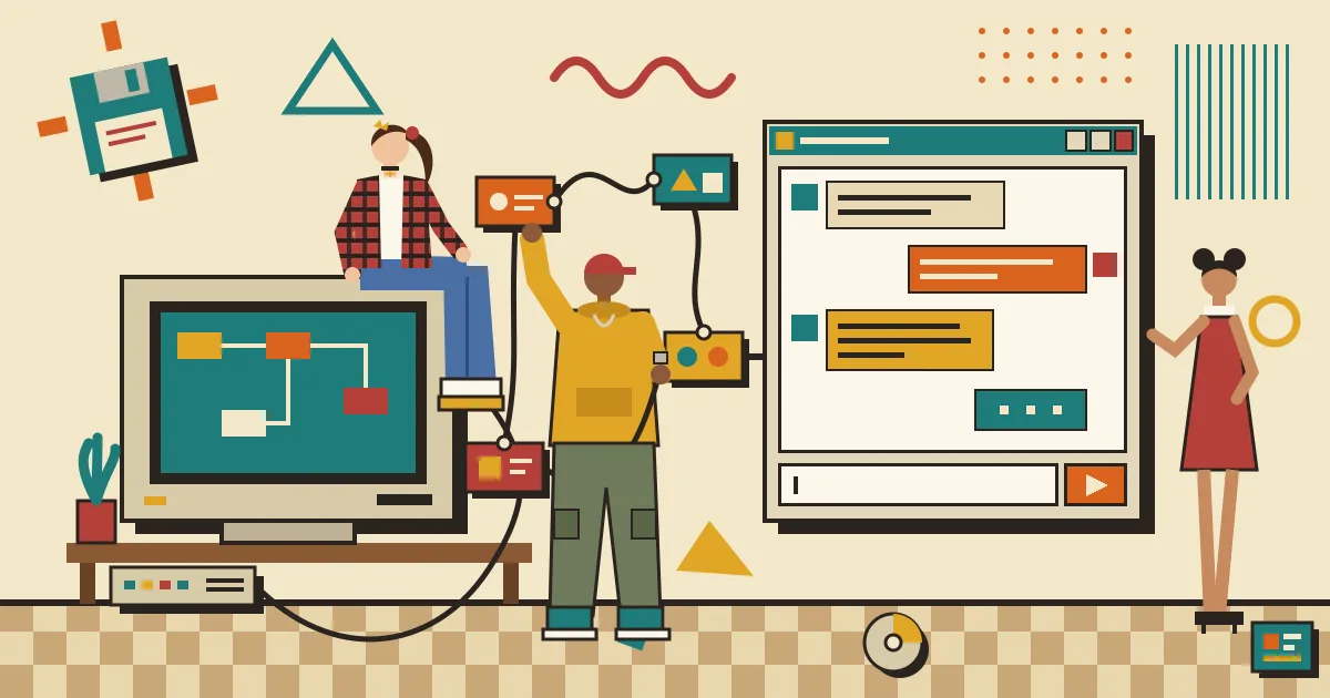 A builder's hands connecting colorful workflow nodes on one side to a clean, friendly chat window on the other, with diverse users gathered around the chat