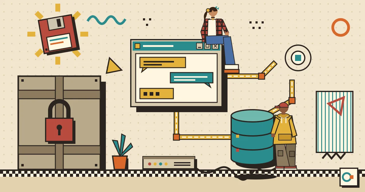 A modular illustration showing three separate floating blocks, a chat bubble window, a gear-shaped workflow engine and a database cylinder, connected by glowing
