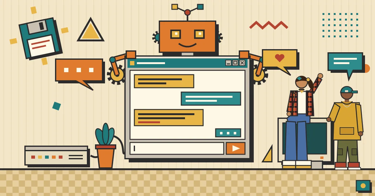 A friendly robot assembled from connected workflow nodes and gears stands behind a clean, glowing chat window, while diverse people on the other side happily