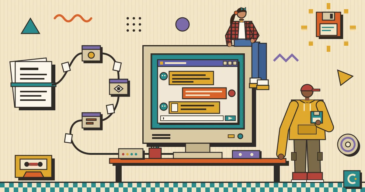 A flat-style illustration of scanned documents flowing through an automation pipeline of connected nodes into a clean, friendly chat window where a person