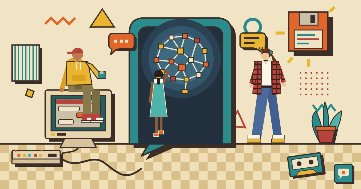 A glowing AI brain built from interconnected workflow nodes sits behind an open doorway shaped like a chat bubble, with small figures of users stepping through