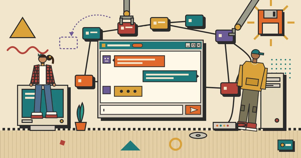 A stable, friendly chat window floating in the foreground while behind it a network of workflow nodes and API connectors is being rearranged and swapped by