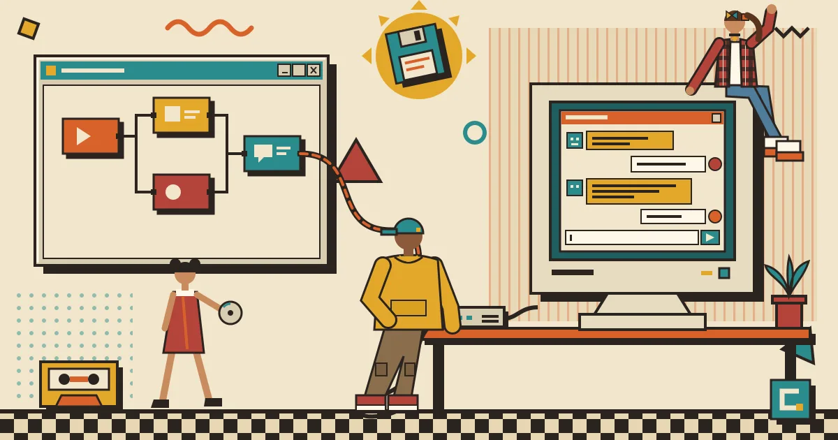 An illustration of a workflow canvas with connected nodes on one side flowing into a clean, friendly chat window on the other side, where several diverse people