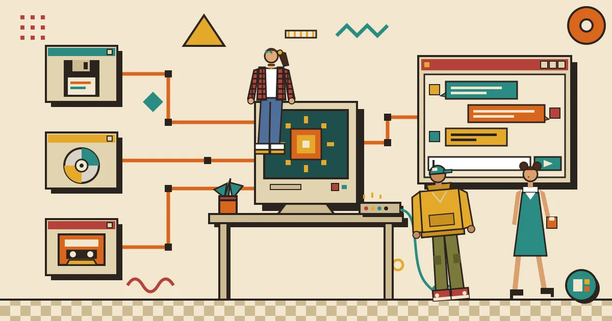 A flat-style illustration of a central glowing hub connected by lines to several distinct AI tool icons on one side and, on the other side, a clean chat window