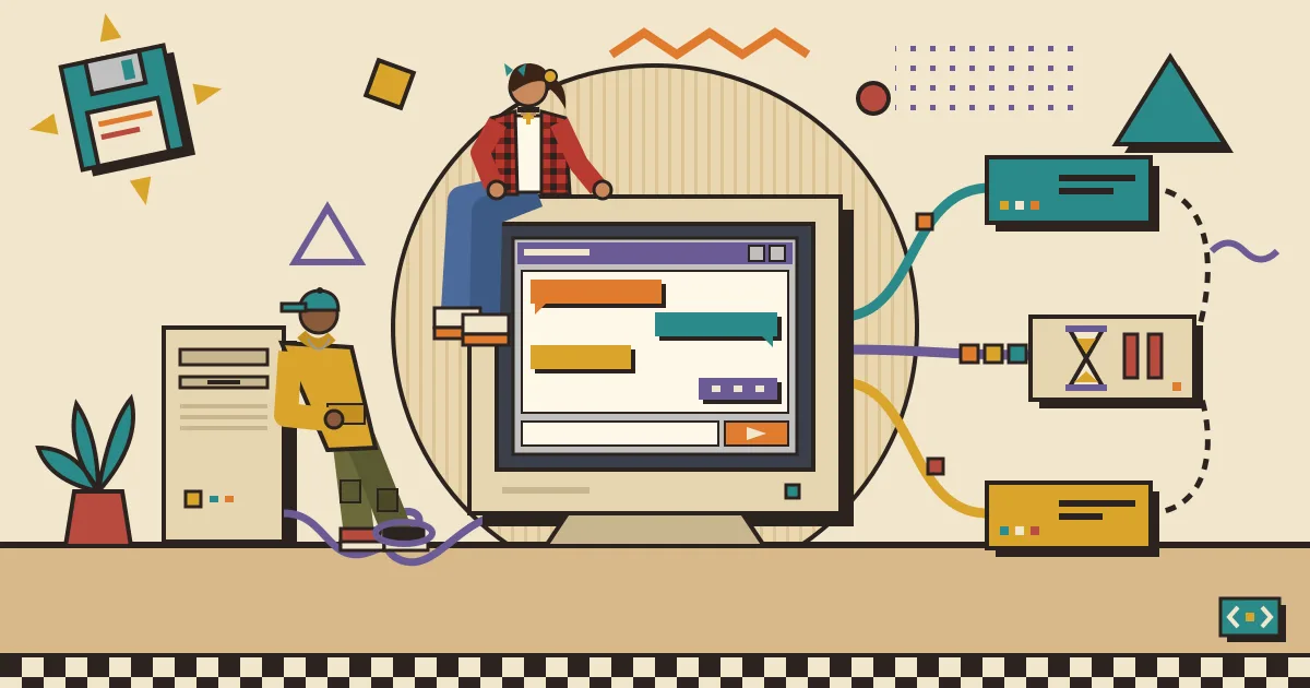 A flat-style illustration of a chat window connected by flowing lines to automation nodes, with one node showing a small hourglass pausing traffic while the