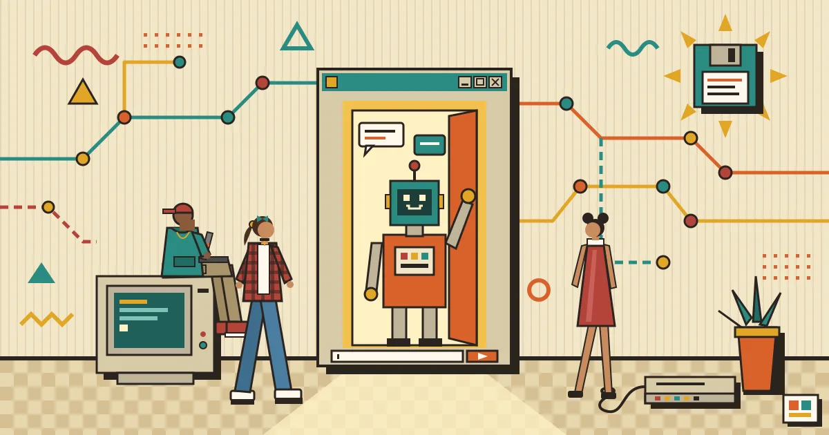 A friendly robot standing behind a large glowing chat window shaped like an open doorway, with diverse office workers, a developer at a laptop and a small