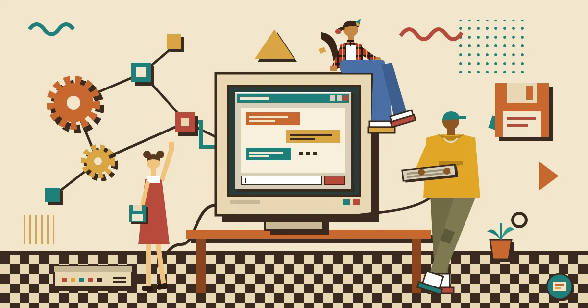 A flat-style illustration of a glowing chat window connected by clean lines to a network of automation nodes and gears, with several diverse people on the other
