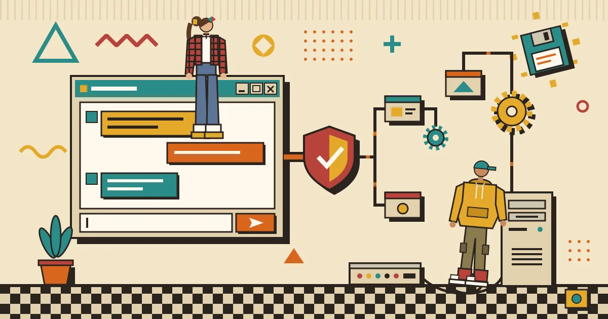 An illustration of a sleek chat window floating in front of a network of connected automation nodes and gears, with a shield shape at the point where the chat