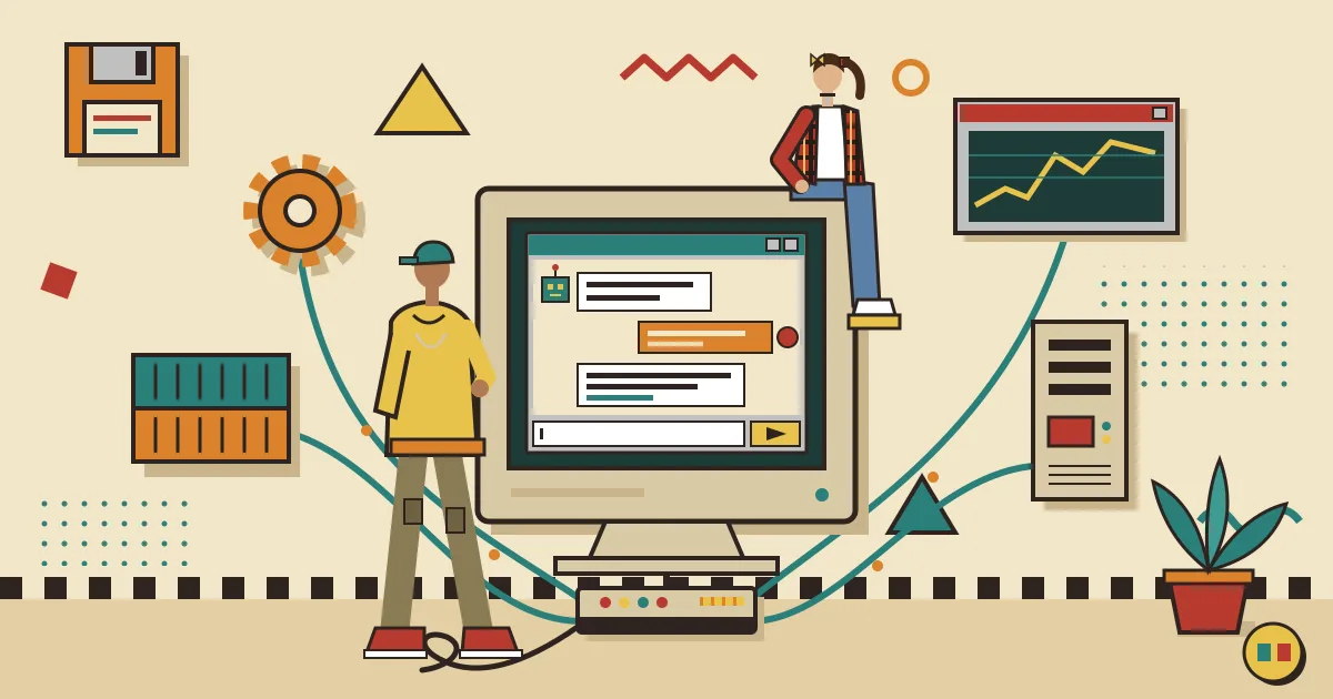 A flat-style illustration of interconnected DevOps tool icons (gears, containers, servers, a monitoring graph) linked by flowing lines to a central automation