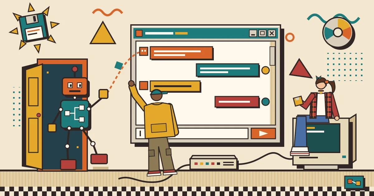 A friendly robot assembled from connected workflow nodes stepping through an open doorway into a bright, modern chat window where diverse people wait to talk