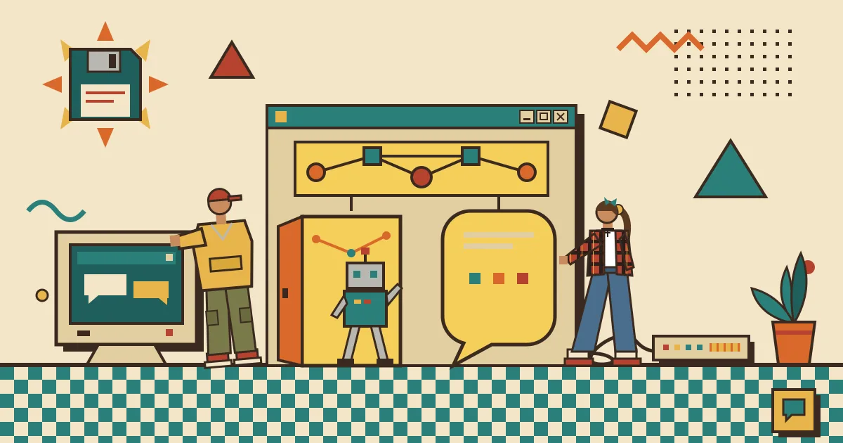 A stylized building with two open doors side by side, one with a small robot walking through and the other with a person entering a friendly chat-bubble-shaped