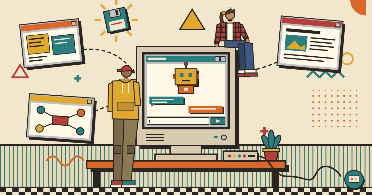 A flat illustration of scattered floating app windows for notes, mind maps and documents converging into a single clean chat window, with a friendly robot