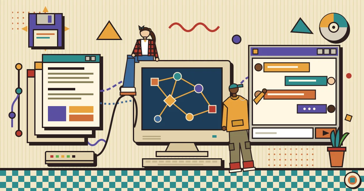 A layered illustration showing a version-controlled stack of document cards on one side, a network of connected workflow nodes in the middle, and a clean