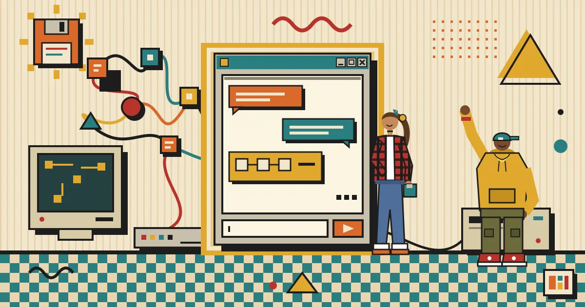 A sleek, glowing chat window acting as a doorway that connects a tangle of colorful automation workflow nodes on one side to smiling, diverse users on the