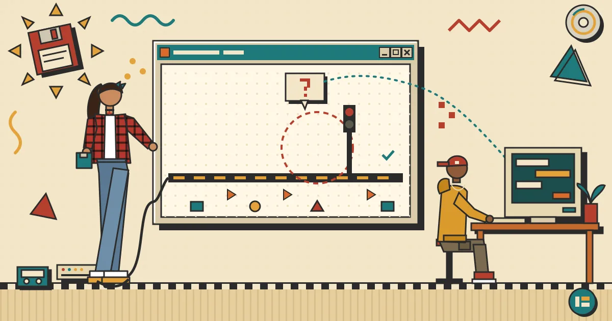 A friendly human operator at a laptop chatting with a group of small robotic agents arranged along a clean workflow pipeline, with one robot paused at a