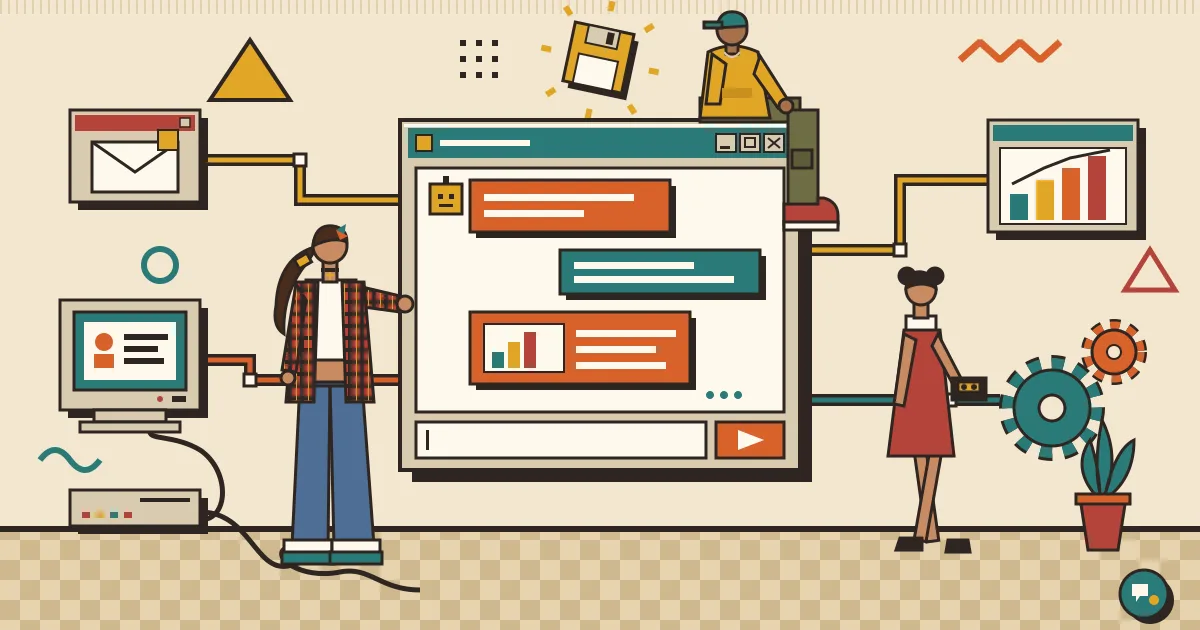 A flat-style illustration of a sales team gathered around a large friendly chat window that connects through glowing lines to icons representing a CRM, email