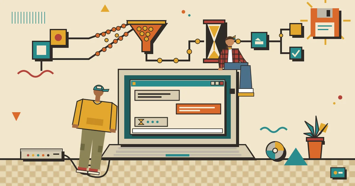 A flat illustration of a calm chat window on a laptop screen in the foreground, while behind it a stylized automation workflow of connected nodes regulates a