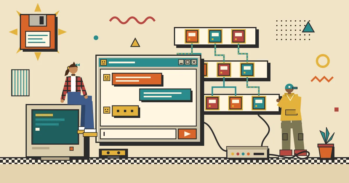 A sleek chat window floating in front of a layered stack of glowing automation nodes in three tiers, connected by flowing lines, in a clean modern flat