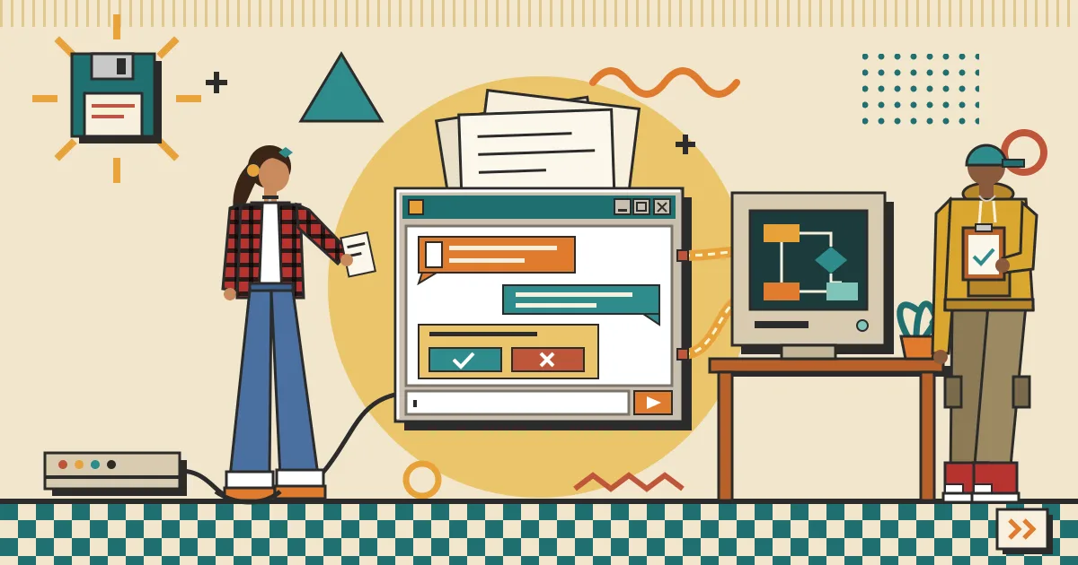 A friendly chat window floating in front of a stack of receipts, connected by glowing lines to an automation workflow diagram, with a finance reviewer and an