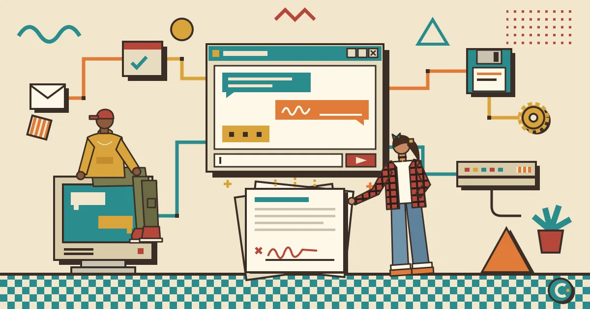 A flat illustration of a friendly chat window floating above a stack of contracts with signature lines, connected by glowing lines to small workflow nodes