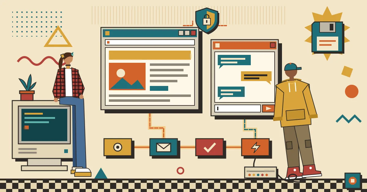 A flat illustration of a browser window and a chat interface floating side by side, linked by glowing lines to automation workflow nodes, with a small shield
