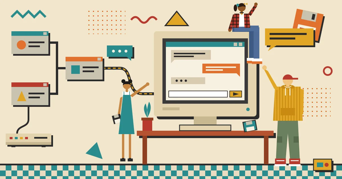 A flat illustration of a workflow diagram of connected nodes on the left flowing into a clean, friendly chat window on a laptop screen on the right, with