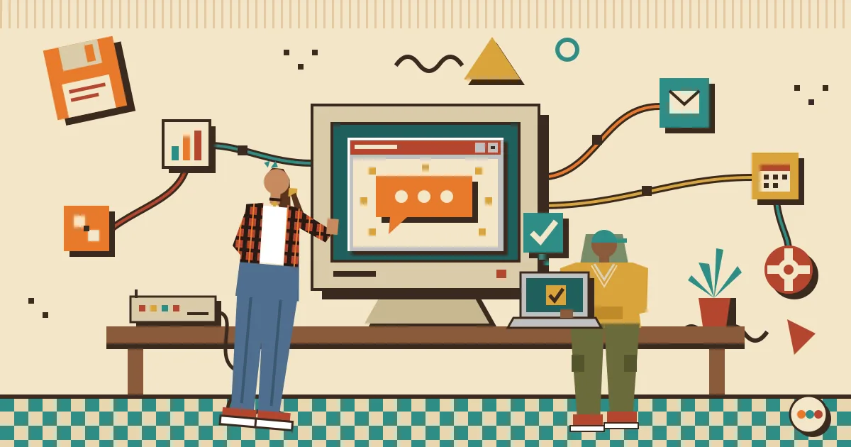 A friendly glowing chat bubble connected by flowing lines to colorful app icons and workflow nodes, with a person calmly approving an action on a laptop screen