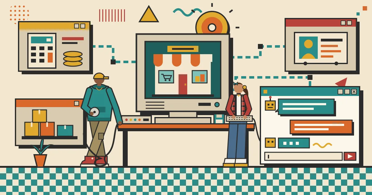 A flat-style illustration of an online shop storefront connected by flowing data lines to accounting, warehouse and CRM icons, with a friendly chat bubble