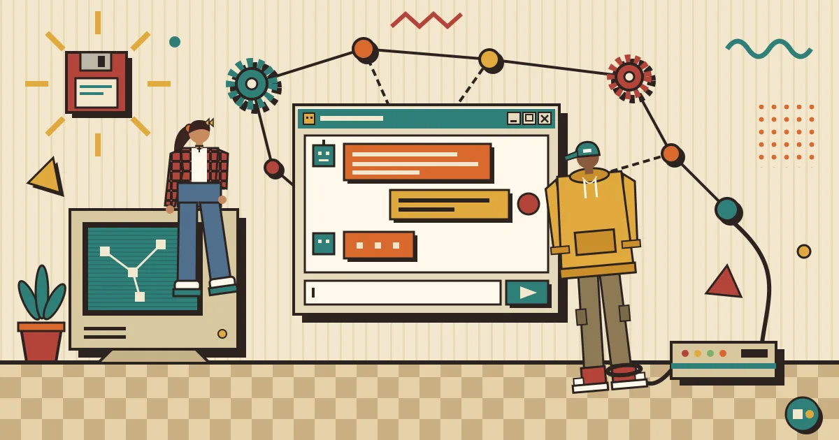 A friendly chat window floating in front of an abstract network of connected workflow nodes and gears, symbolizing an autonomous AI agent gaining a clear