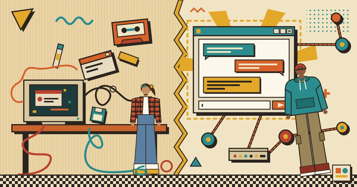 A split illustration showing on one side a cluttered workbench of tangled cables, gears and loose interface pieces, and on the other side a clean, glowing chat