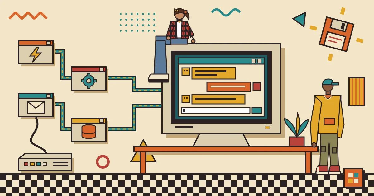 A flat illustration of several automation workflow nodes on the left connecting through glowing lines to a clean, friendly chat window on the right, where