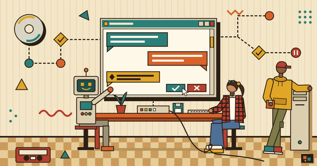 A friendly AI robot and a human professional sitting side by side at a desk, sharing a large floating chat window with speech bubbles, while workflow nodes and