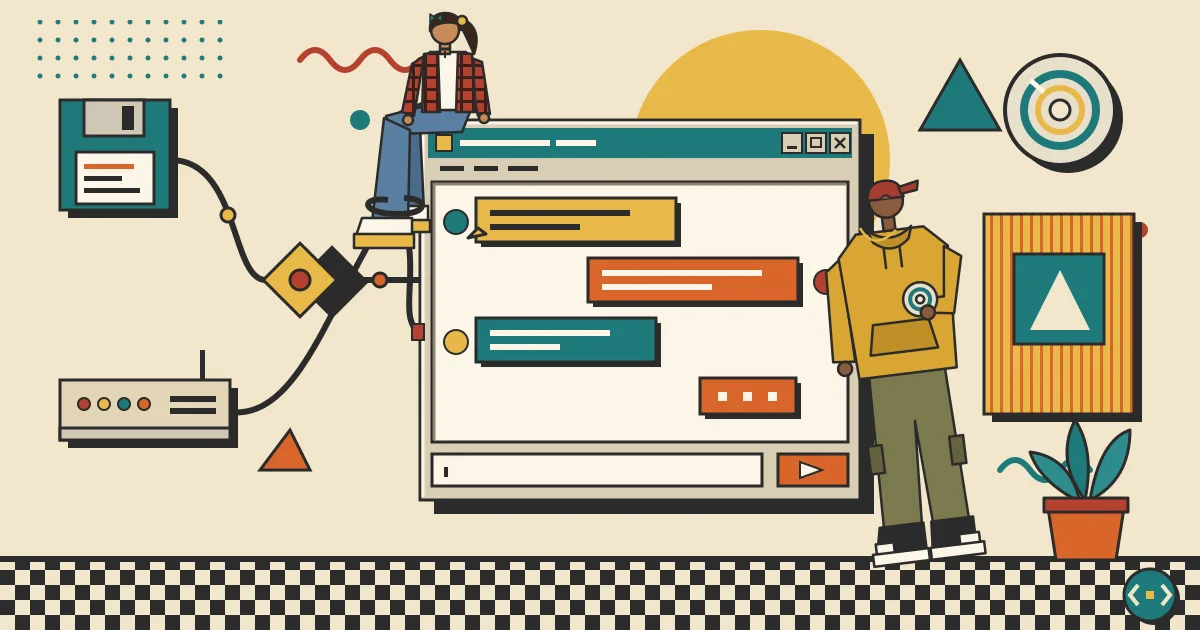 A stylized illustration of an automation workflow of connected nodes flowing into a sleek, friendly chat window where diverse people exchange message bubbles