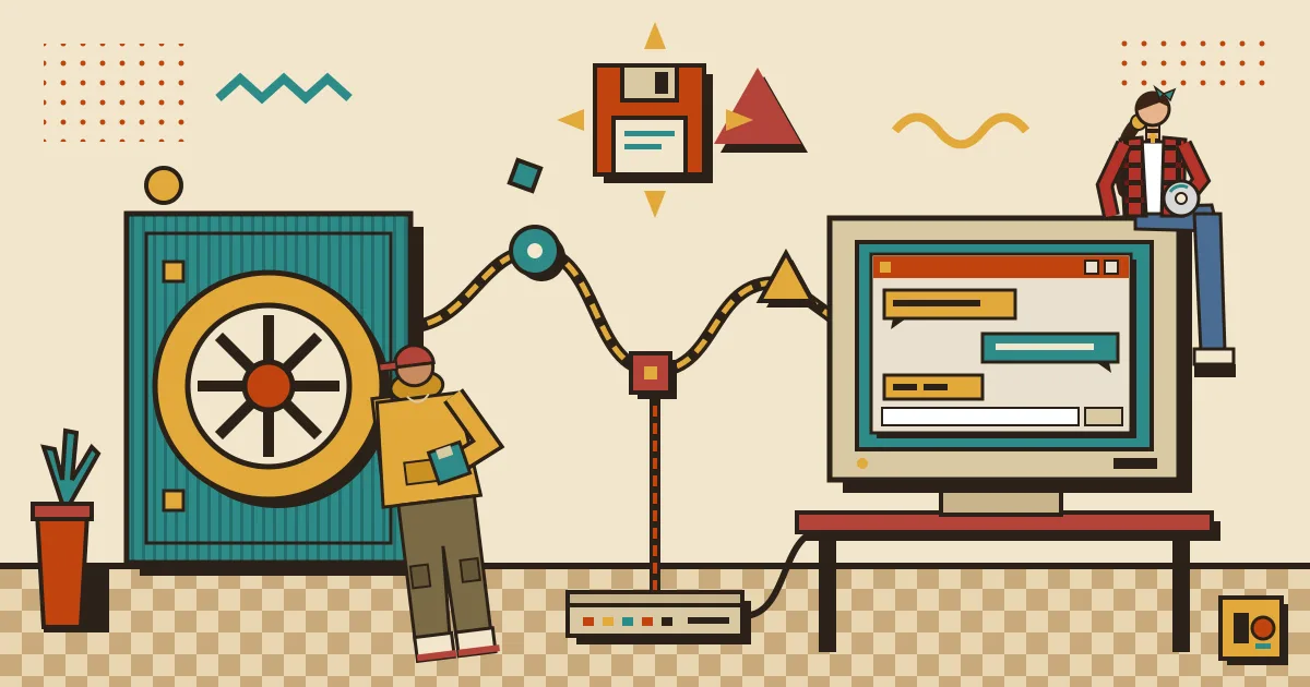 An illustration of a secure, glowing data vault connected by flowing lines to a sleek, friendly chat window on a laptop screen, with abstract automation nodes