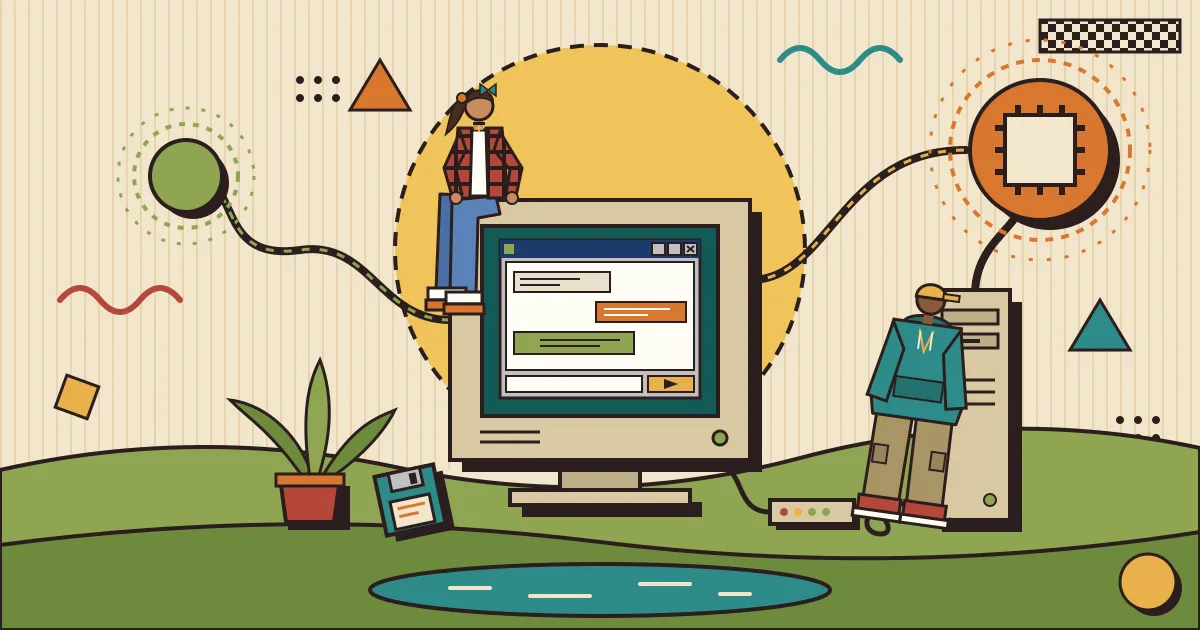A minimalist illustration of a friendly chat window connected by flowing lines to small and large glowing AI model nodes, set against a soft green landscape